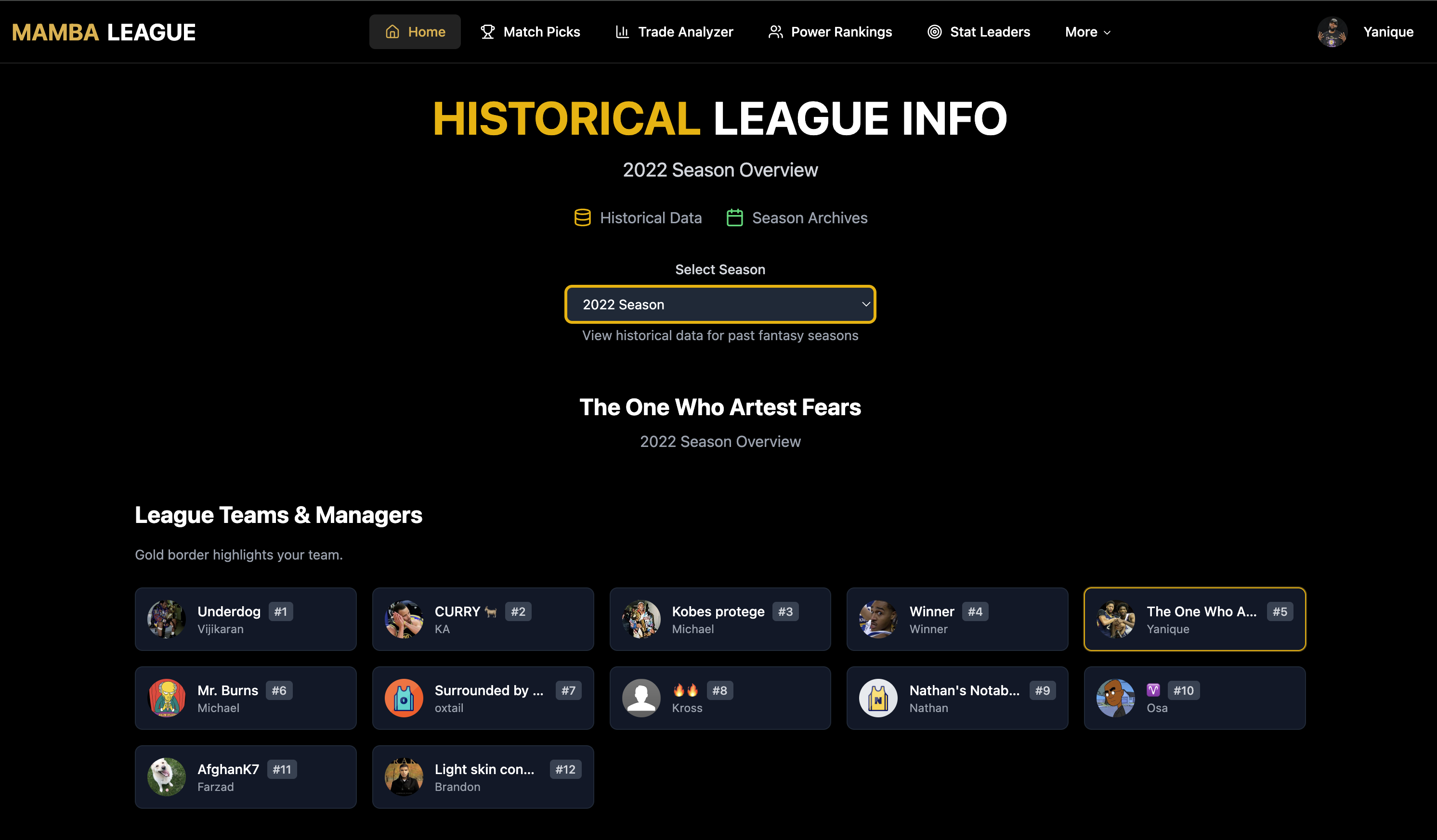 Historical League Info desktop view
