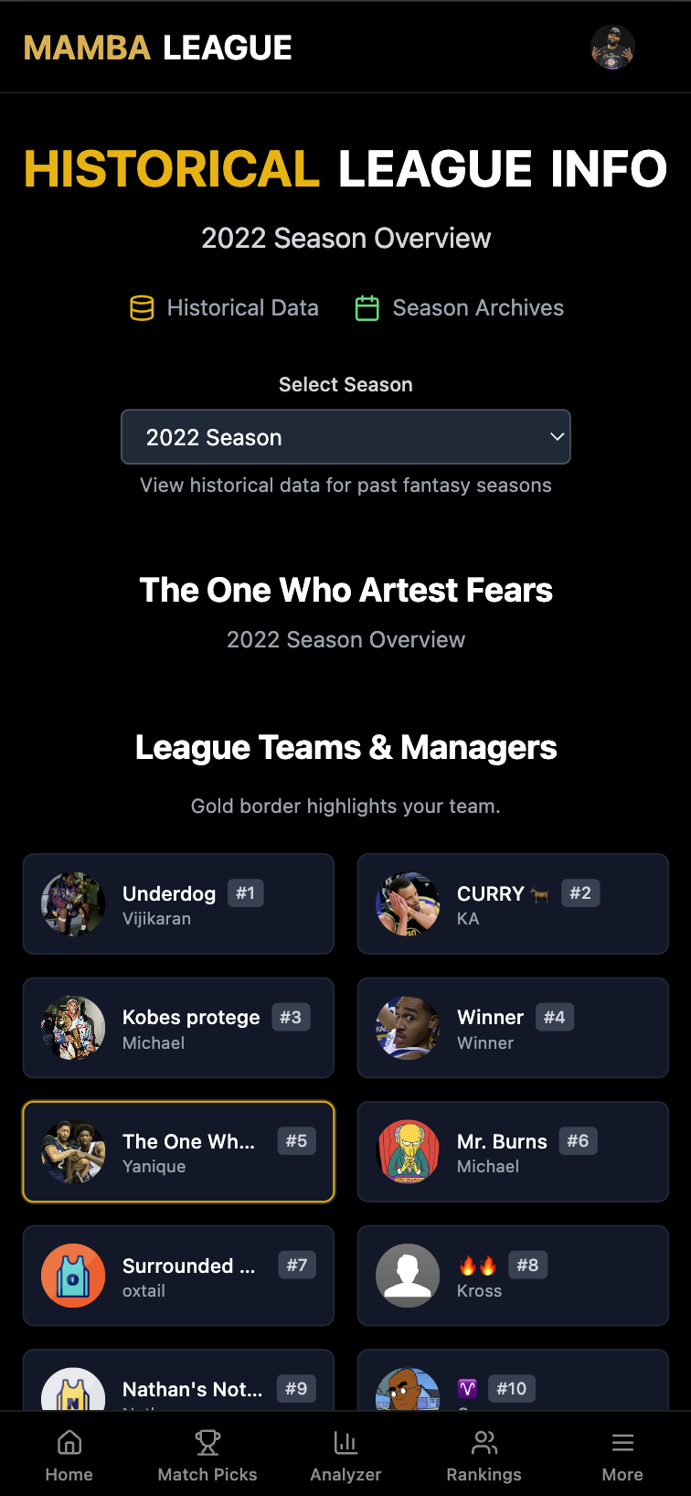 Historical League Info mobile view