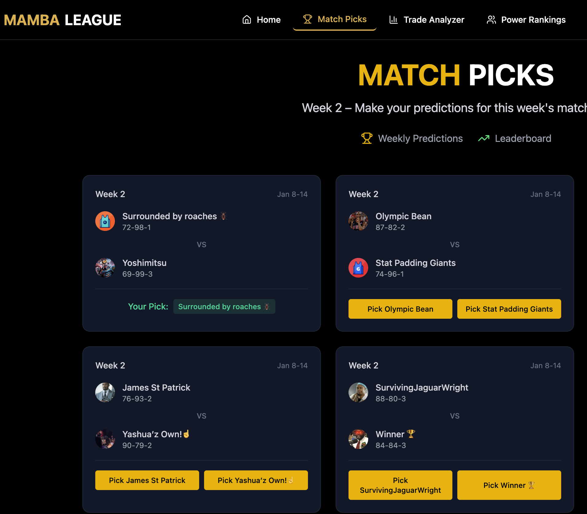 Match Picks desktop view