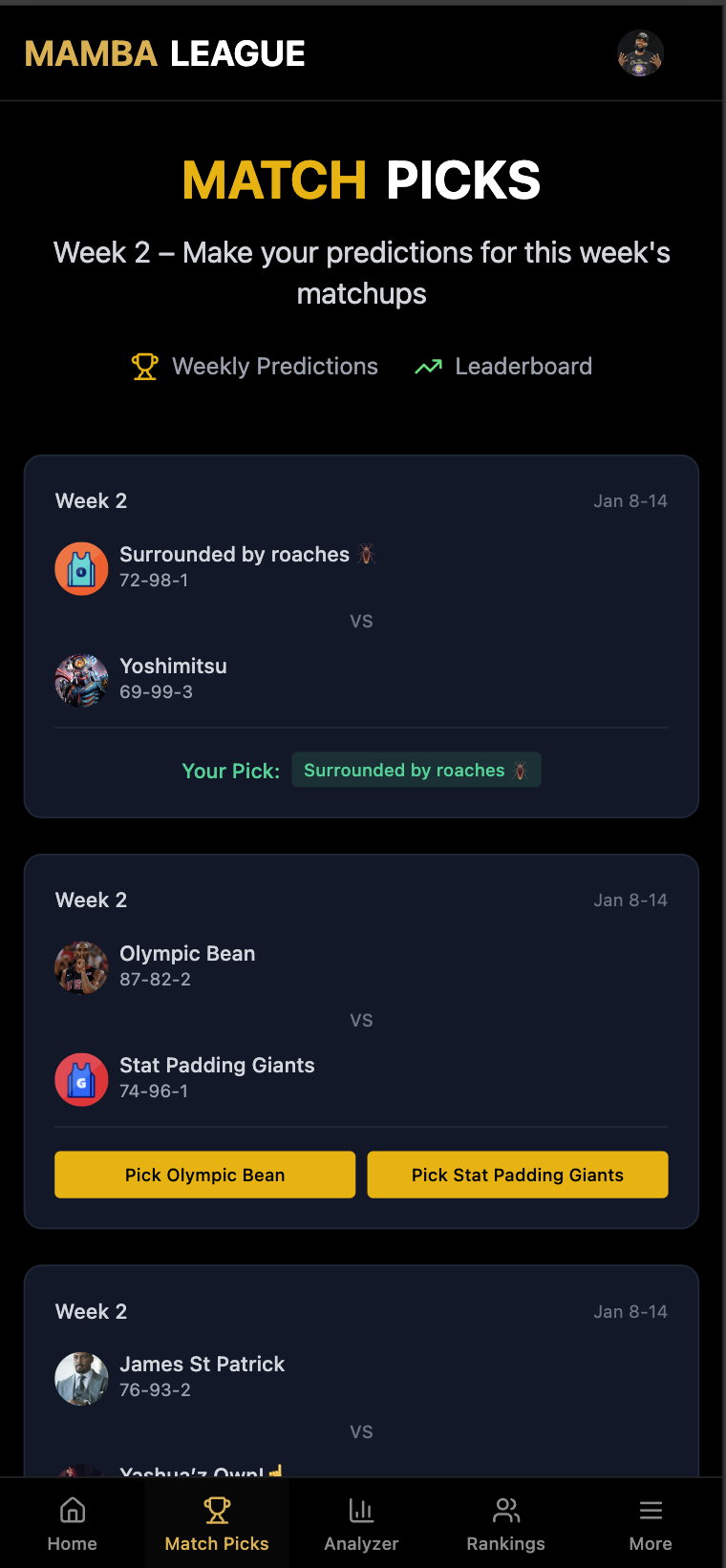 Match Picks mobile view