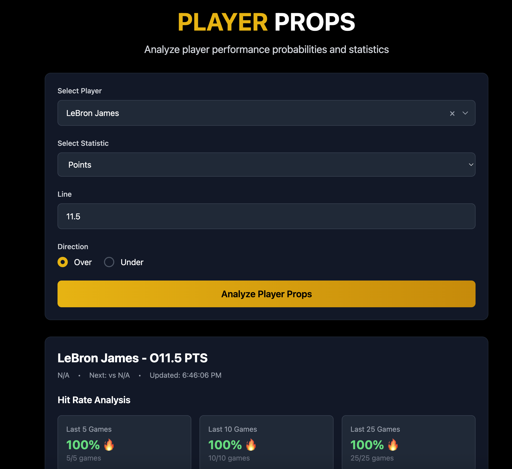 Player Props desktop view