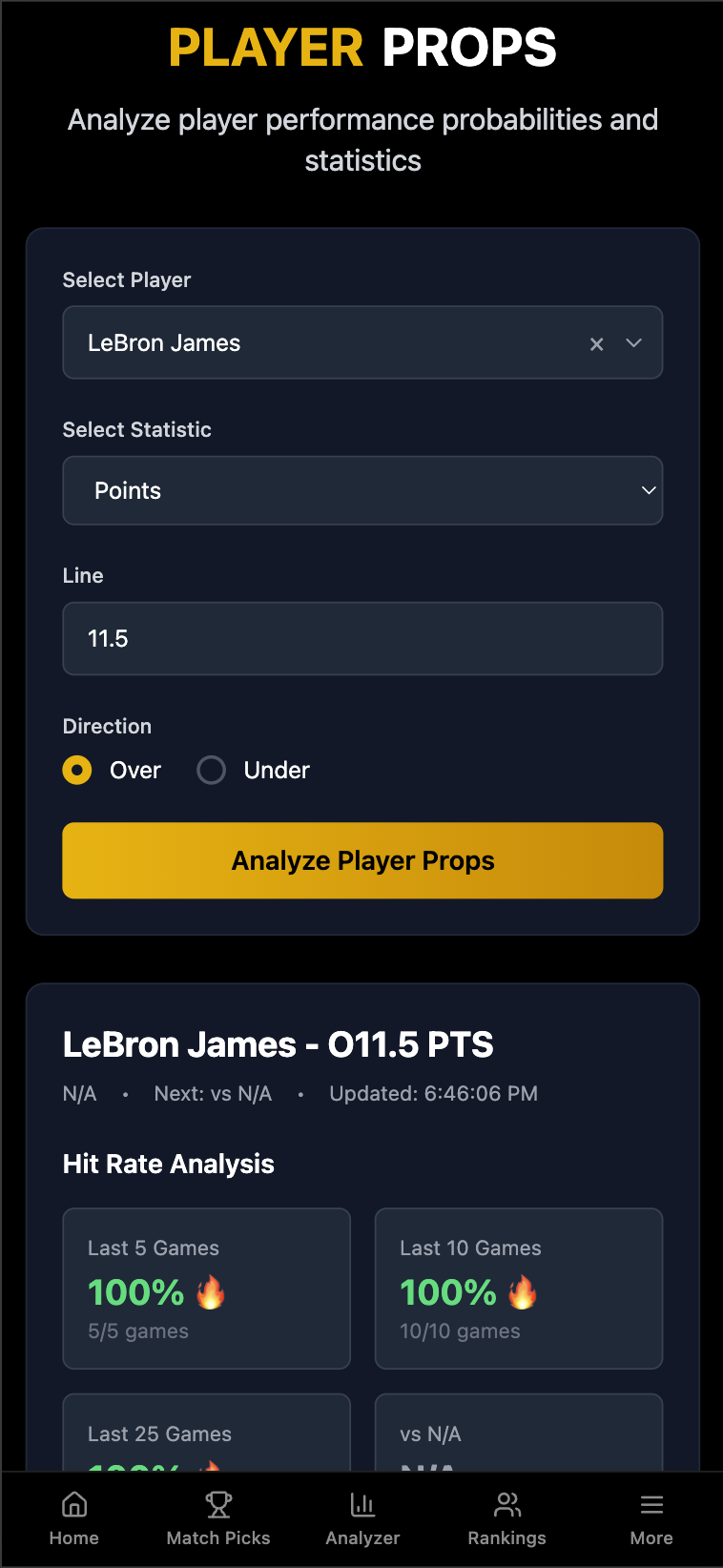 Player Props mobile view