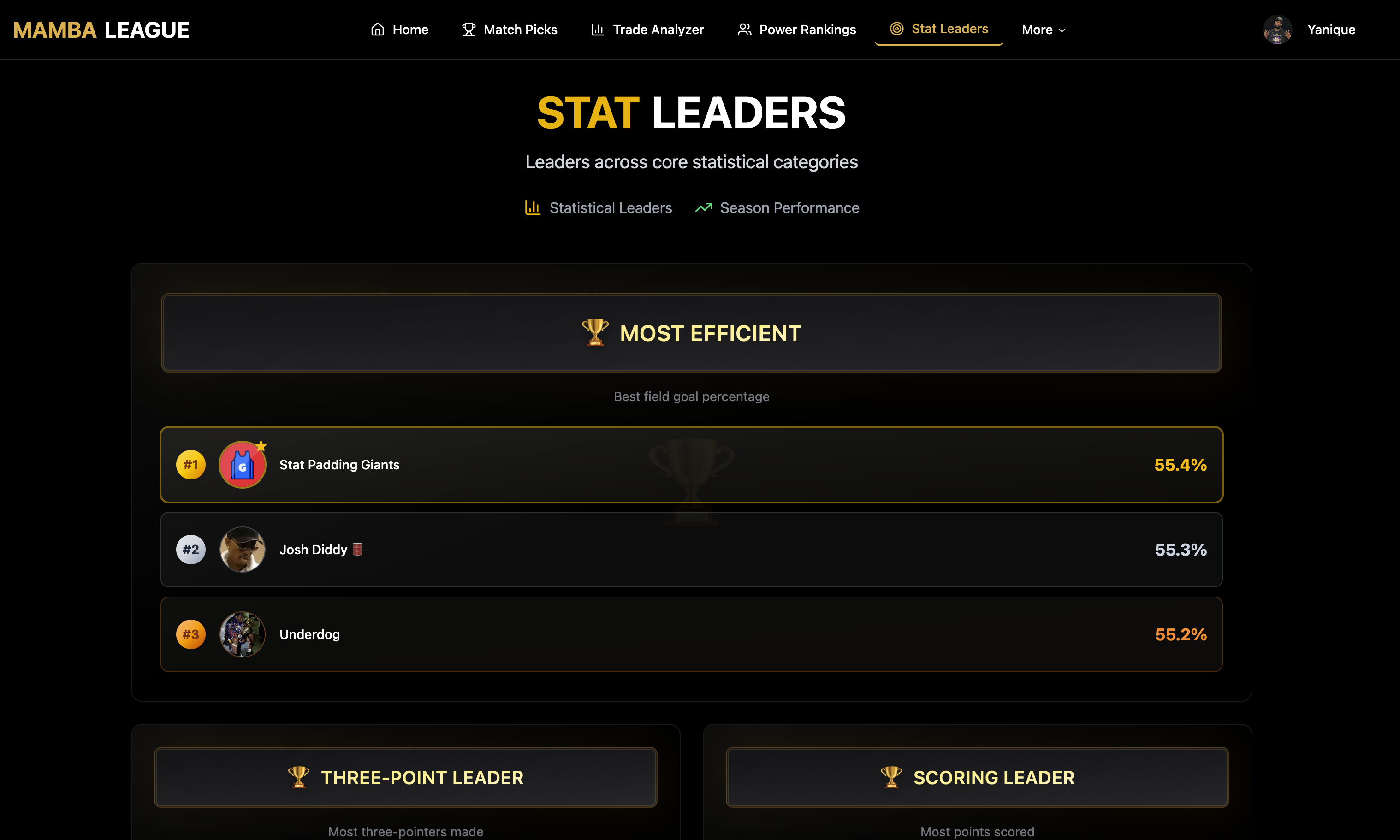 Stat Leaders desktop view